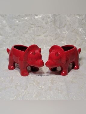 Set of 2 Hand Painted Red Ceramic Triceratops Planter Animal Plant Holder NWOT